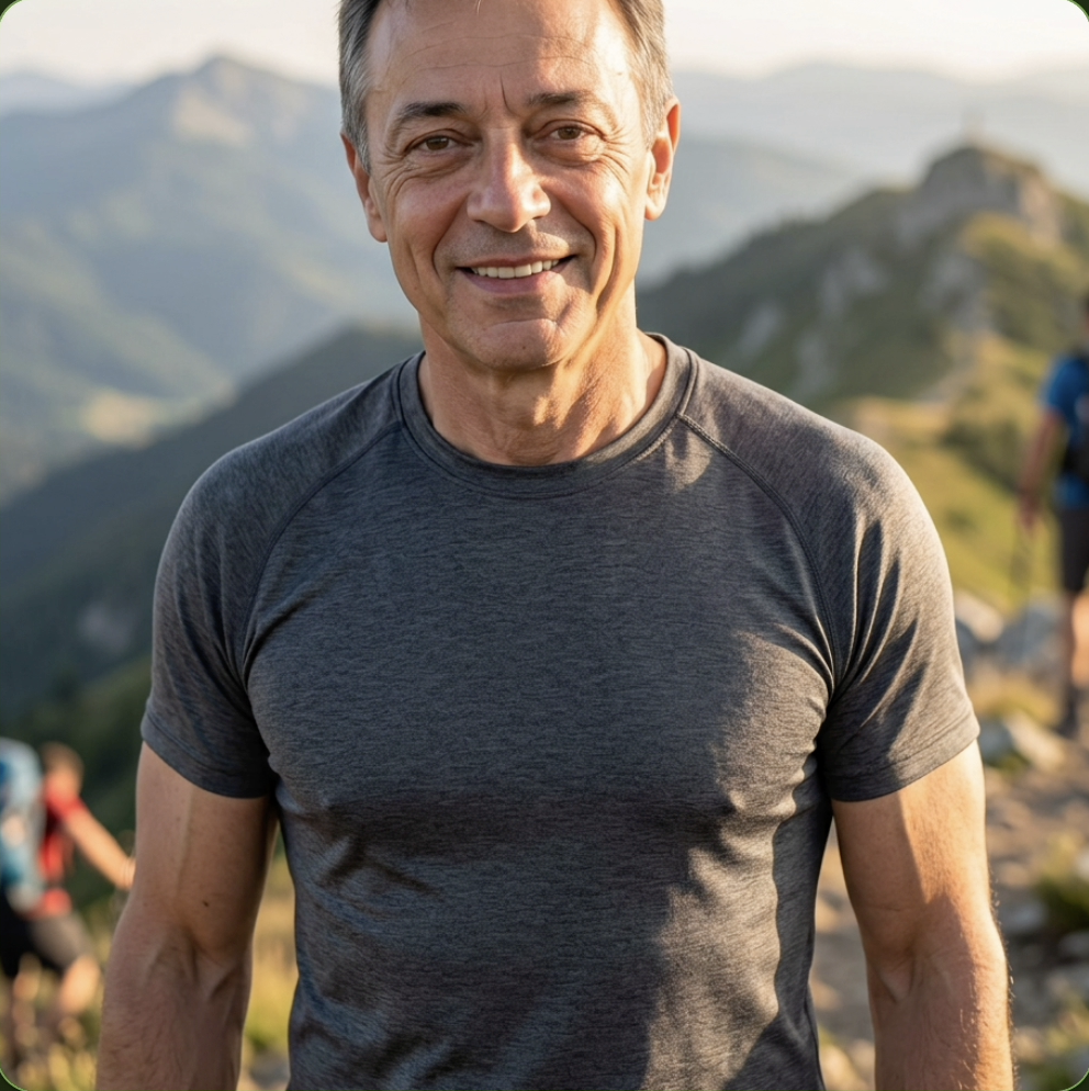 Healthy, energetic man hiking in the mountains