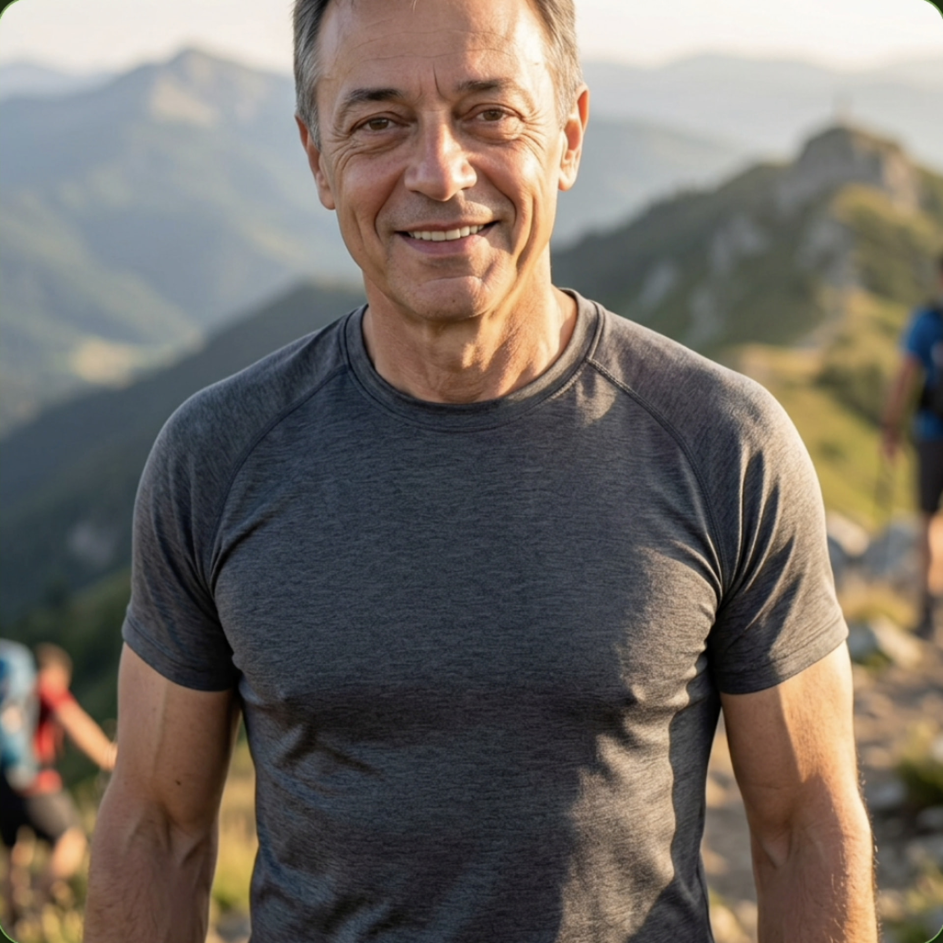 Healthy, energetic man hiking in the mountains